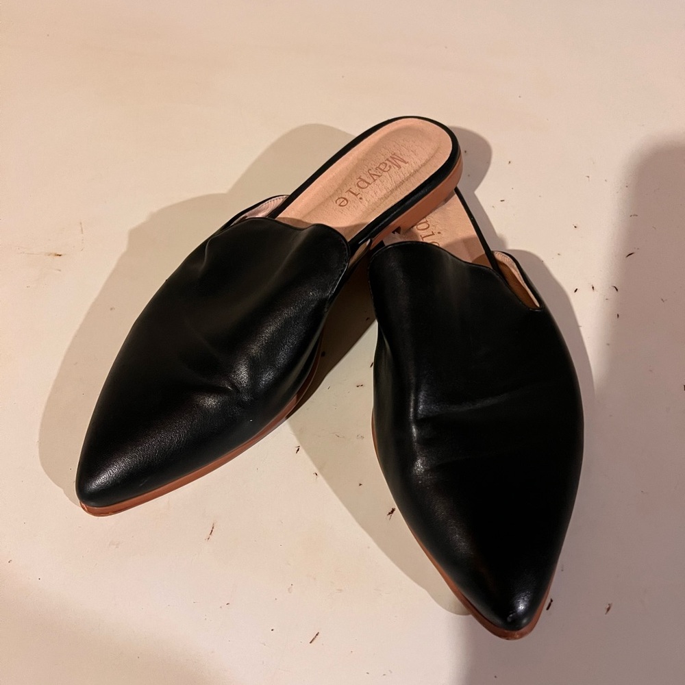 Pointed Black Leather Slip-On Mules